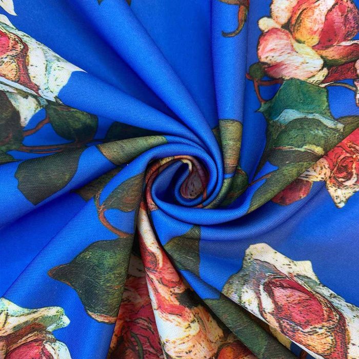 Scuba Printed Fabric Roses-on-Blue-7 150cm - Image 3