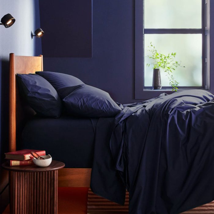 "Duvet Cover Set Cotton 375TC Blue on super king-sized bed