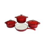 Red 7-Piece Cast Iron Pot Set with a sturdy design, ensuring even heat distribution for superior cooking performance.