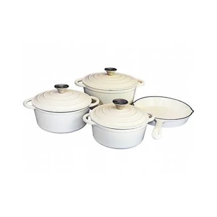 White 7-Piece Cast Iron Pot Set with a durable enamel finish, ensuring even heat distribution and long-lasting performance.