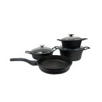 Black CEM Cast Aluminium 7 Piece Set, a durable cookware set with non-stick coating, perfect for frying, sautéing, and simmering with even heat distribution.