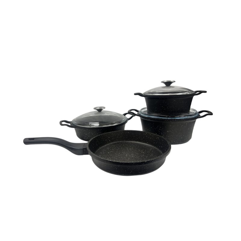 Black CEM Cast Aluminium 7 Piece Set, a durable cookware set with non-stick coating, perfect for frying, sautéing, and simmering with even heat distribution.