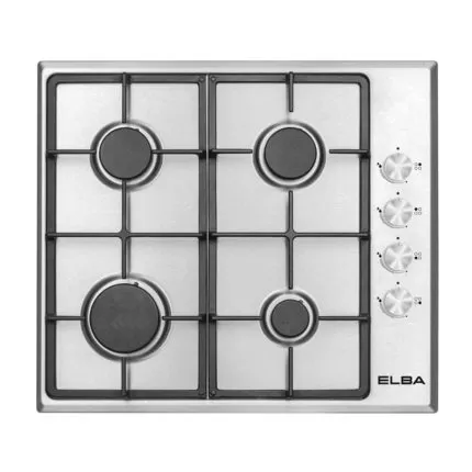Elba 60cm Stainless Steel 4 Burner Gas Hob T65-450X with cast iron supports and auto ignition.