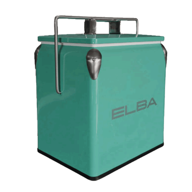 The Elba Retro Metal Cooler Box in refreshing mint, with its handle upright, in an outdoor or picnic setting.