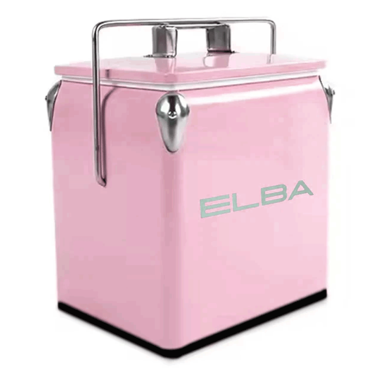 The Elba Retro Metal Cooler Box in vibrant pink, with its handle upright, in an outdoor or picnic setting.