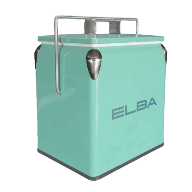 The Elba Retro Metal Cooler Box in vibrant turquoise, with its handle upright, in an outdoor or picnic setting.