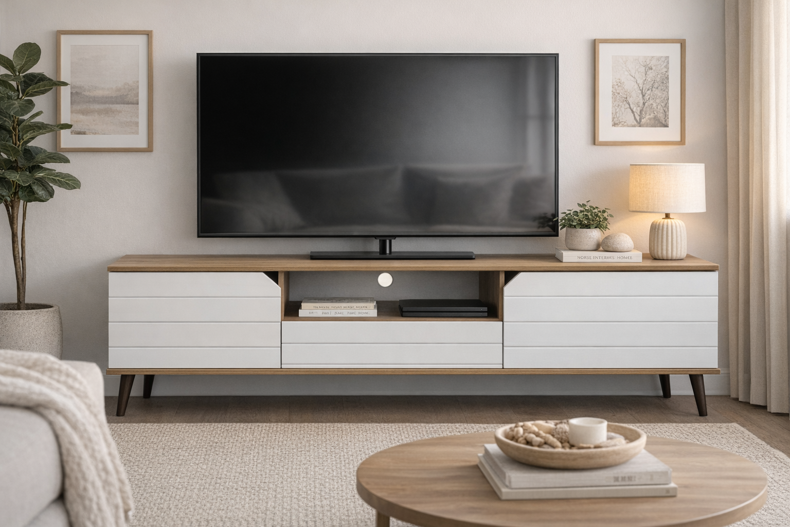 Modern Oak & White TV Stand with Drawers